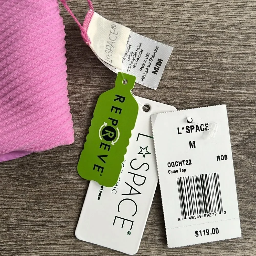 L*SPACE Chloe Ribbed Bikini Top Medium Tie Waist Adjustable Rosebud Purple Pink